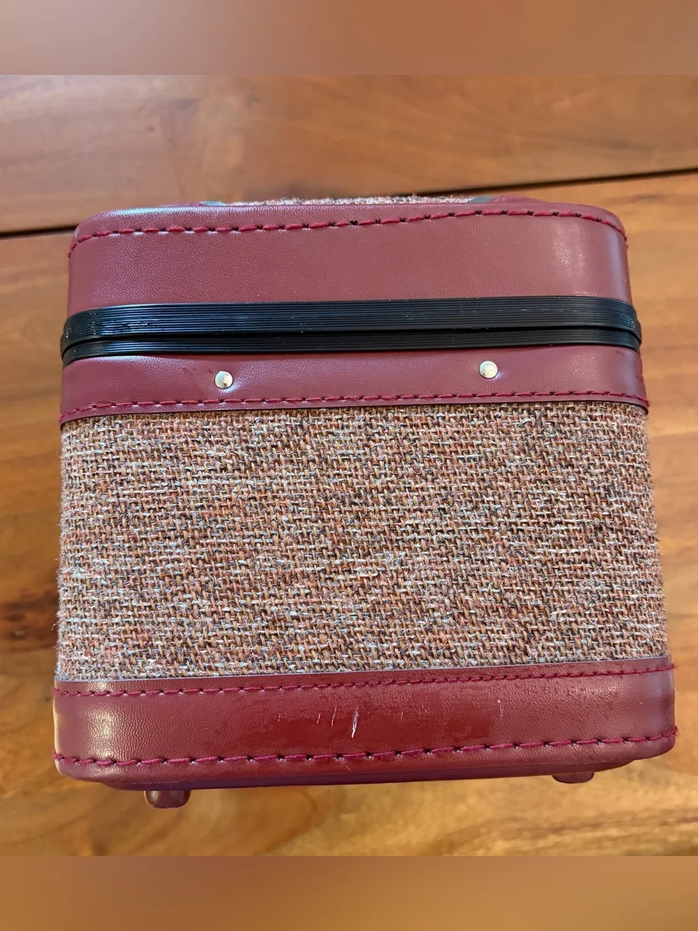 Vintage Tweed & Burgundy Vinyl Train Case Makeup Vanity Travel Box with Tray MCM